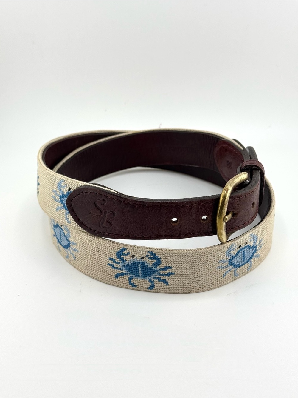 Smathers & Branson 38 Blue Crabs Needlepoint Belt Solid Brass Buckle in Oatmeal - Picture 4 of 13